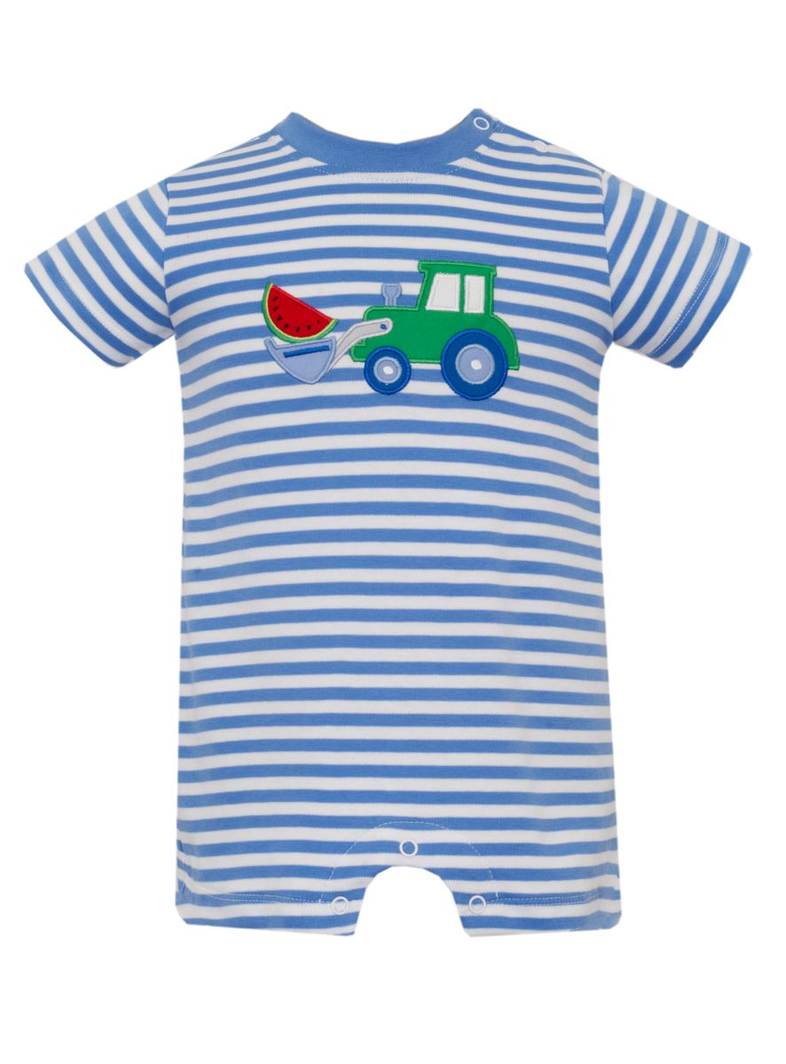 Claire & Charlie WATERMELON TRACTOR- Periblue knit stripe boy's short romper - Persnickety Shop