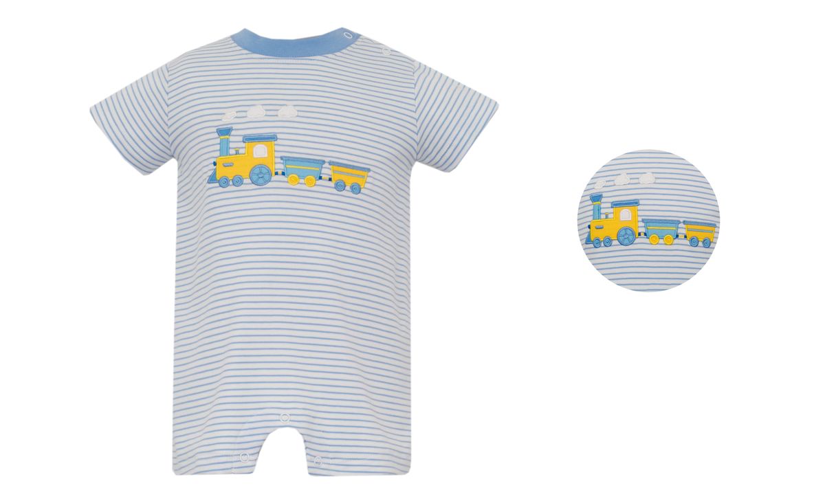 Claire & Charlie TRAIN- Small blue and white knit stripe boy's short romper - Persnickety Shop