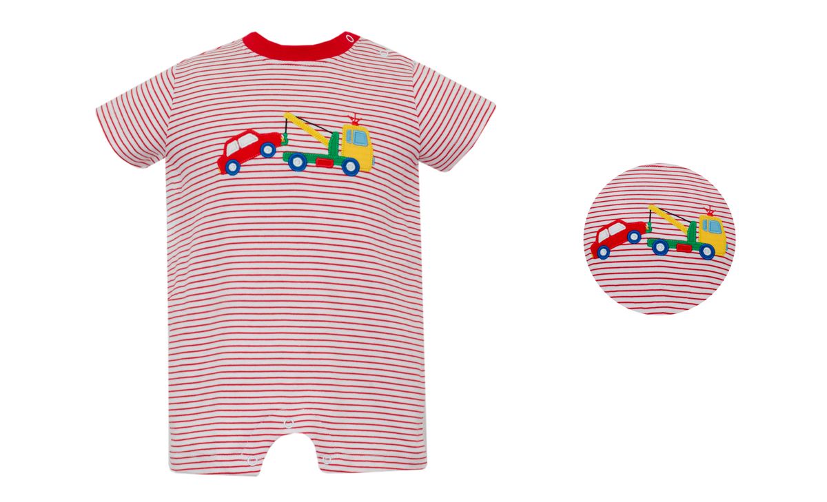 Claire & Charlie TOW TRUCK - Small red and white knit stripe boy's short romper - Persnickety Shop