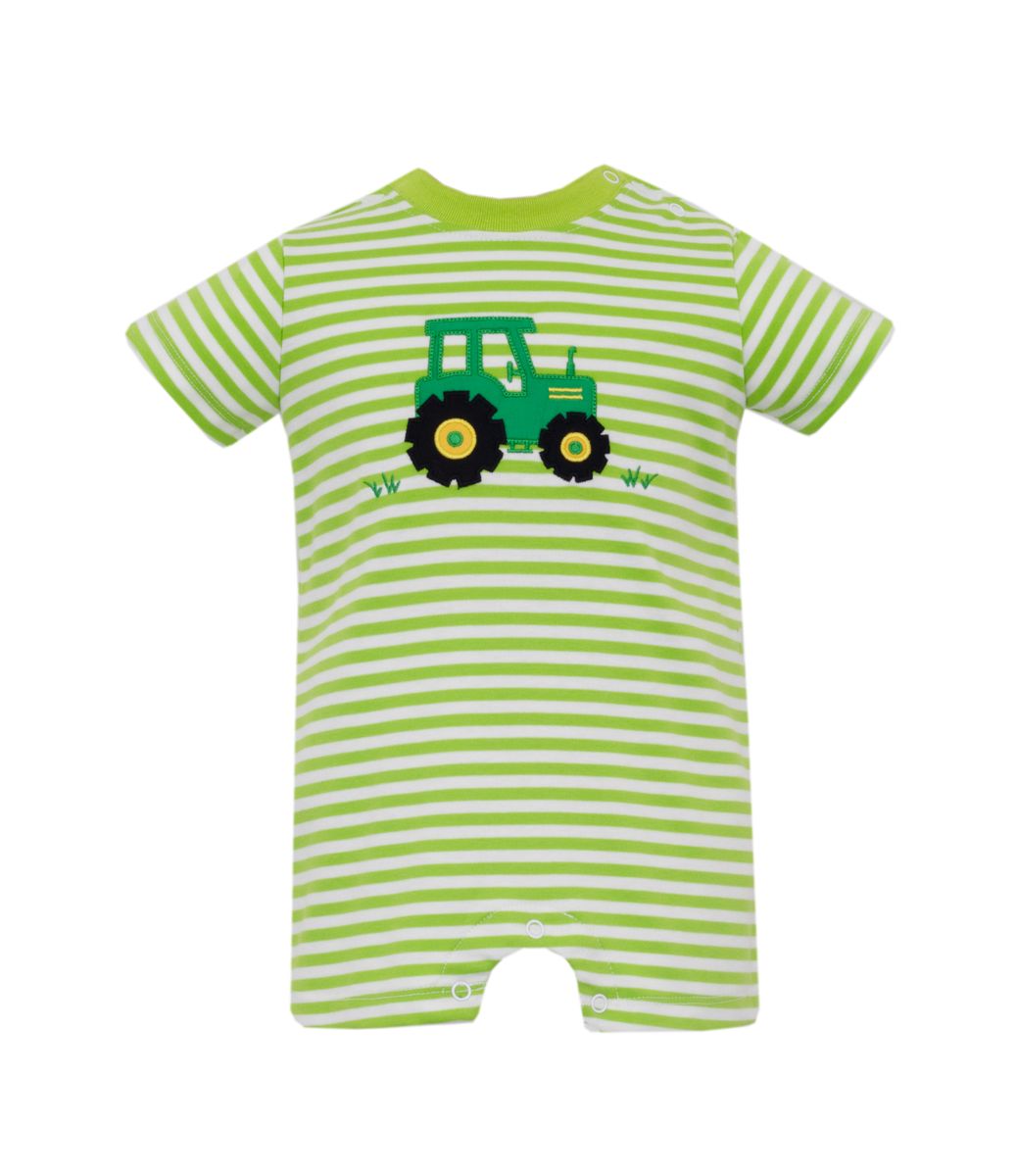 Claire & Charlie TRACTOR- Lime Green knit stripe boy's short romper - Persnickety Shop
