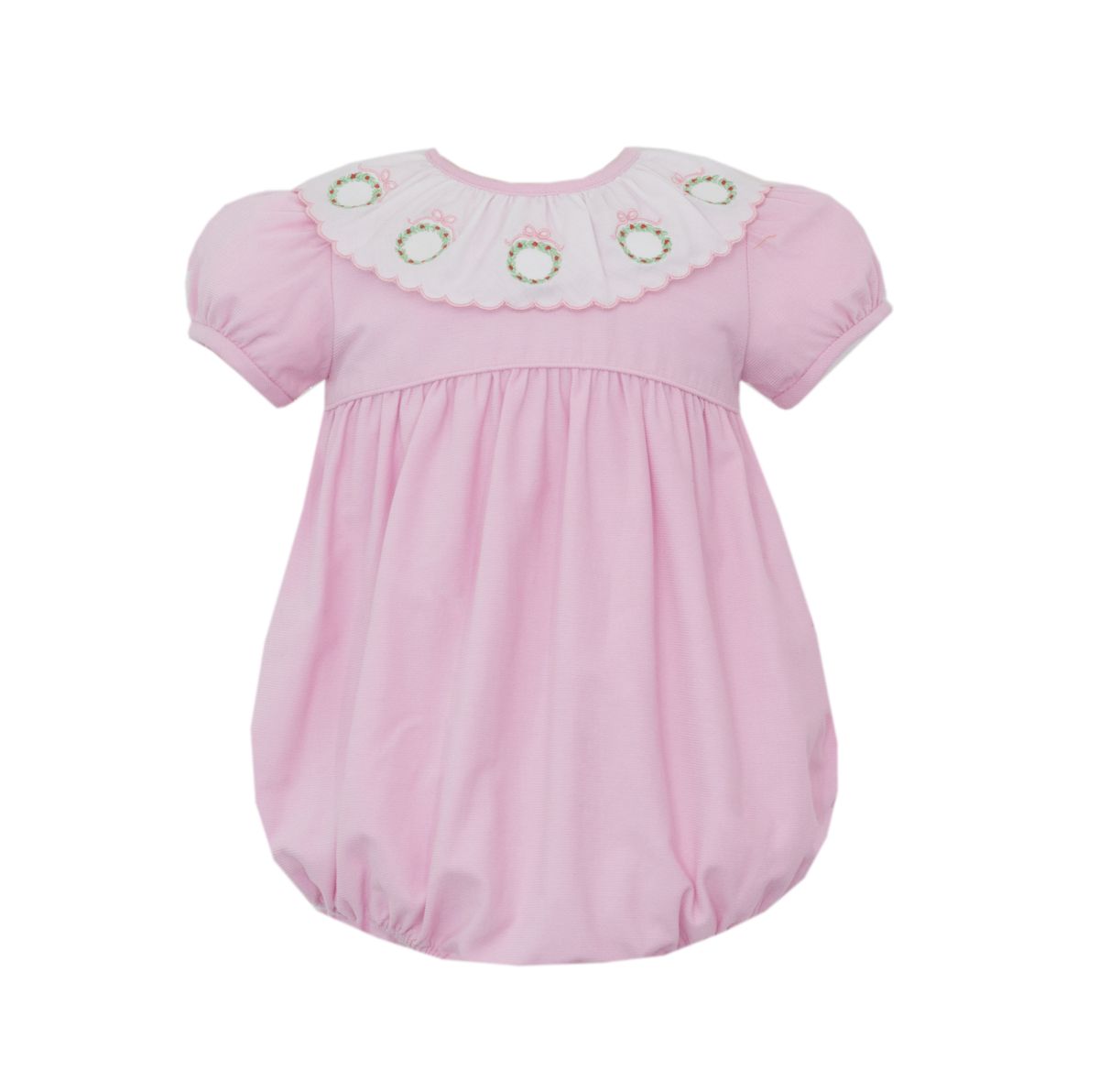 Claire & Charlies Pink corduroy girl's short bubble w/ embroidered wreaths around white ruffle S/S - Persnickety Shop