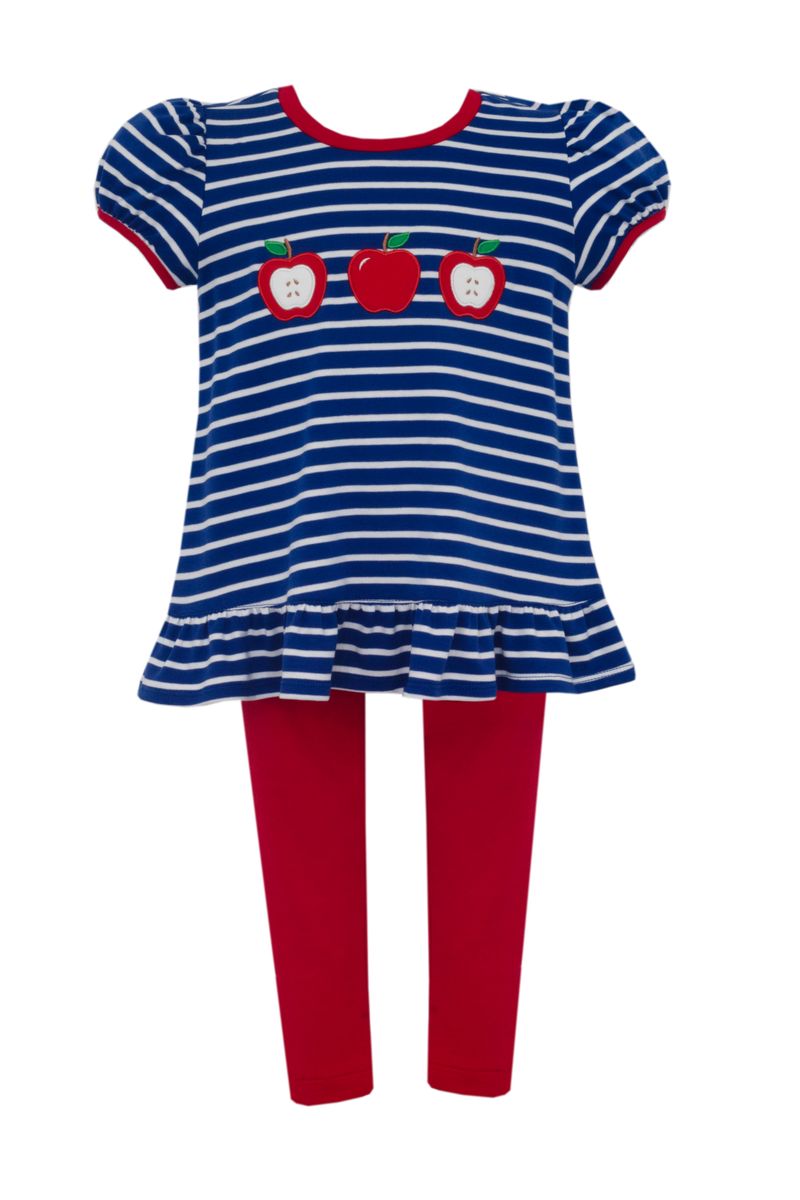 Claire & Charlie APPLES GIRL´S - Royal blue knit stripe girl's Tunic set w/ red knit leggins - Persnickety Shop