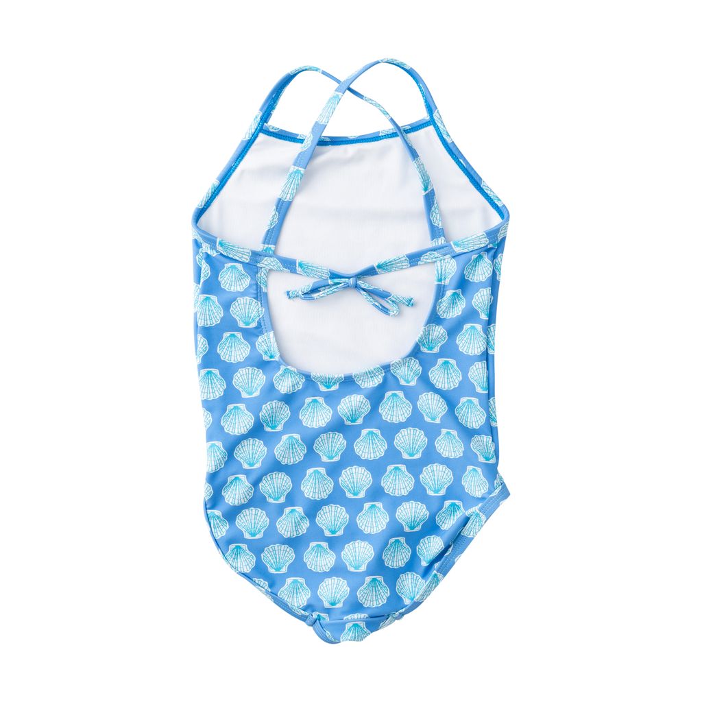 PRE ORDER PRODOH Girls' Spring Tides Bow Back One Piece Swimsuit Marina Blue Shells Print - Persnickety Shop