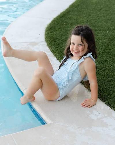 GIRLS SPANDEX SWIMSUIT - BLUE STRIPE SEERSUCKER - Persnickety Shop