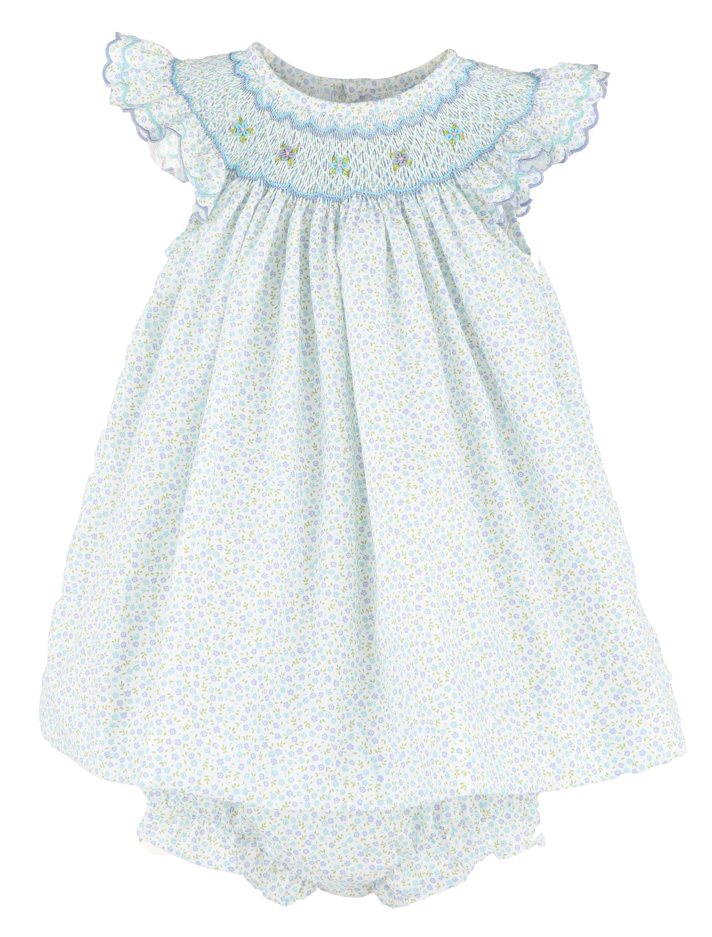 Luli & Me Smocked Miniflowers Feston Bishop Dress Blue - Persnickety Shop