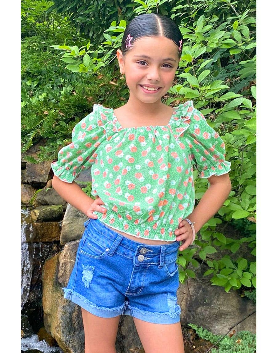 GKT-3150B Girl's Fashion Top w/ Puff Sleeve : Peach Floral #103 / M8/10 - Persnickety Shop