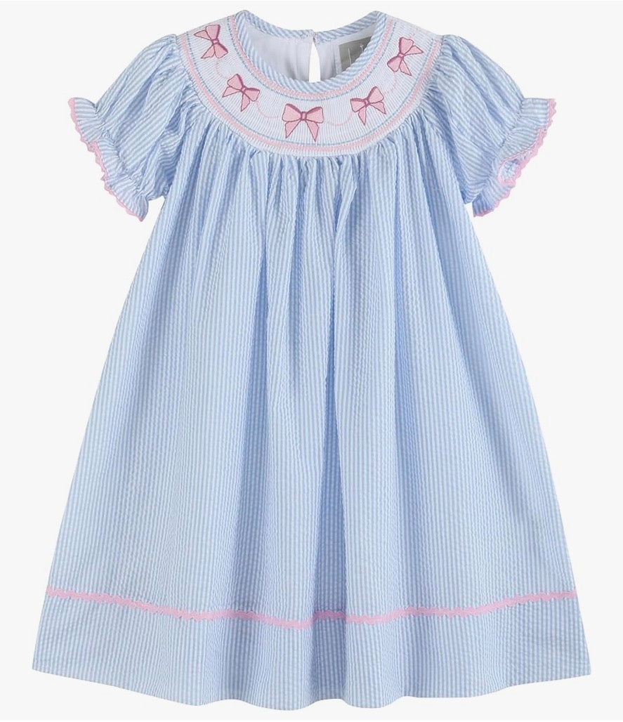 Lil Cactus Blue Seersucker Bow Smocked Bishop Dress - Persnickety Shop