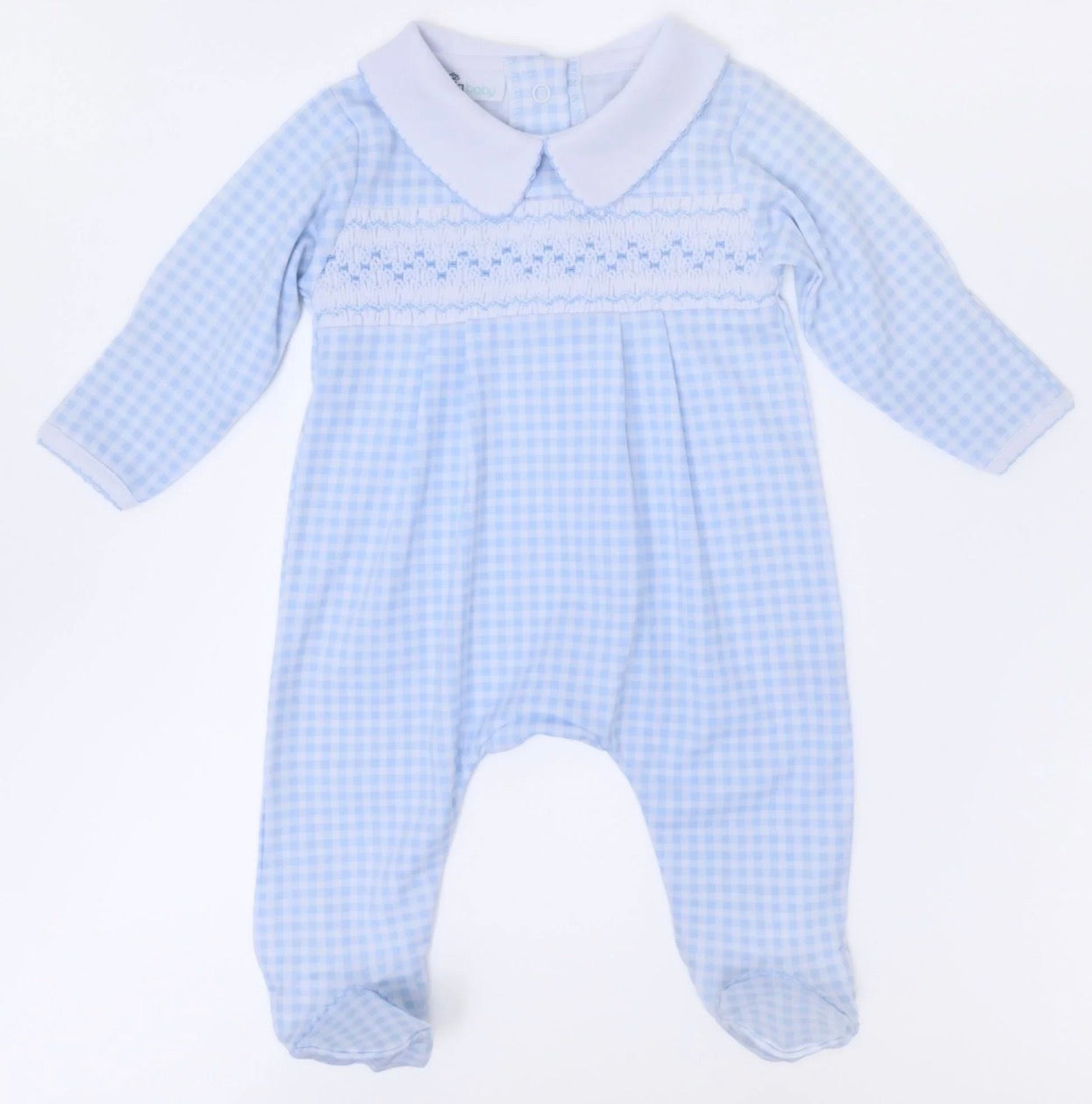 MAGNOLIA BABY Mini Checks Blue Smocked Collared Boy Footie | Blue - Persnickety Shop