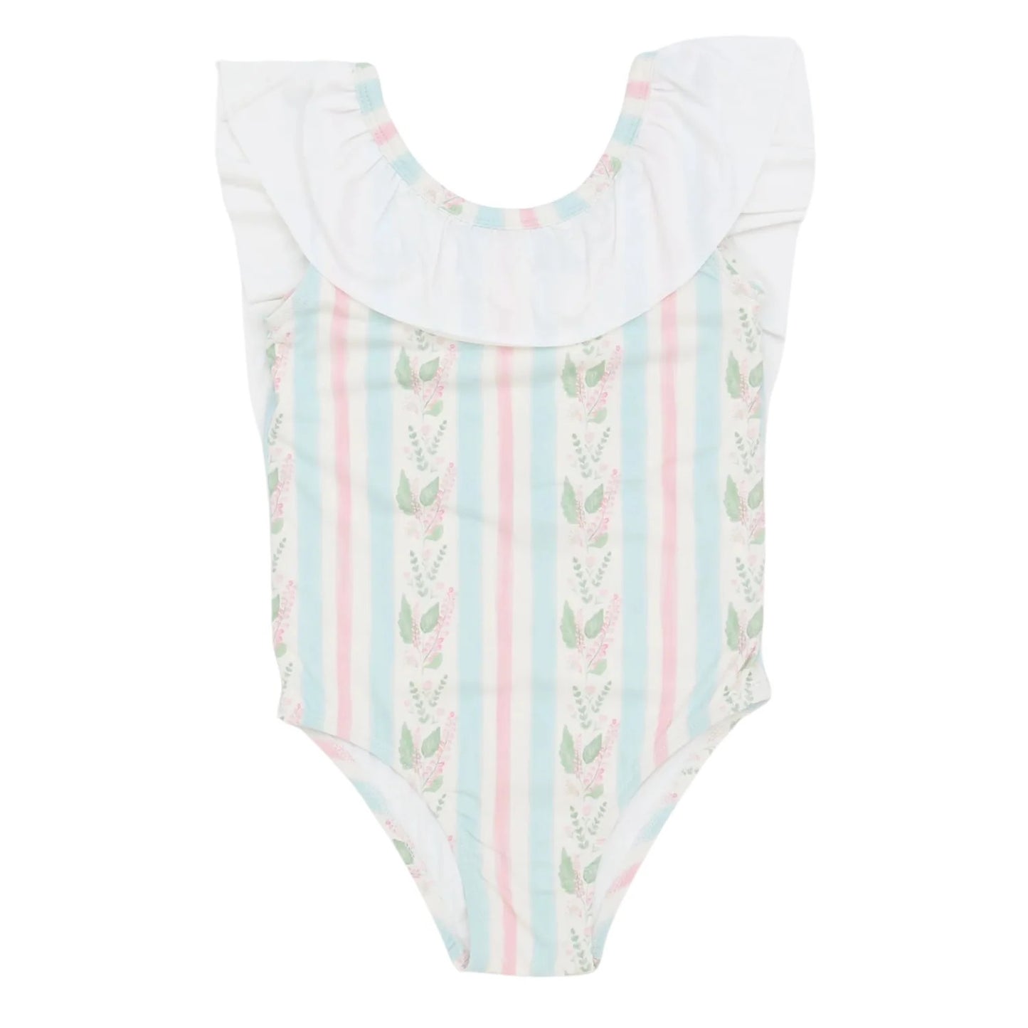 HAMNER HILL Girls Blue Floral Stripes Flutter Sleeve One Piece