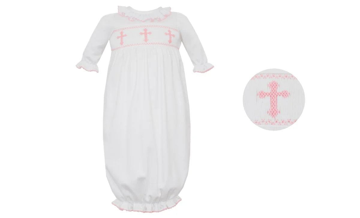 Petit Bebe Smocked Gown Girls with Pink Crosses - Persnickety Shop