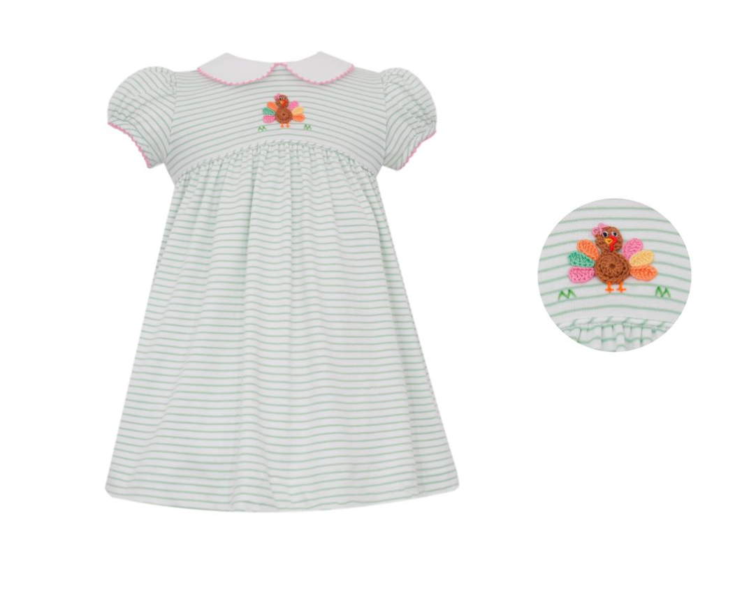 PREORDER Petit Bebe TURKEY GIRL´S - Green knit stripe Girl's dress