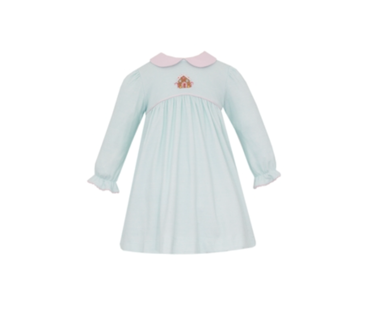 PREORDER Petit Bebe GINGERBREAD GIRL´S - Aqua knit stripe dress w/ pink collar