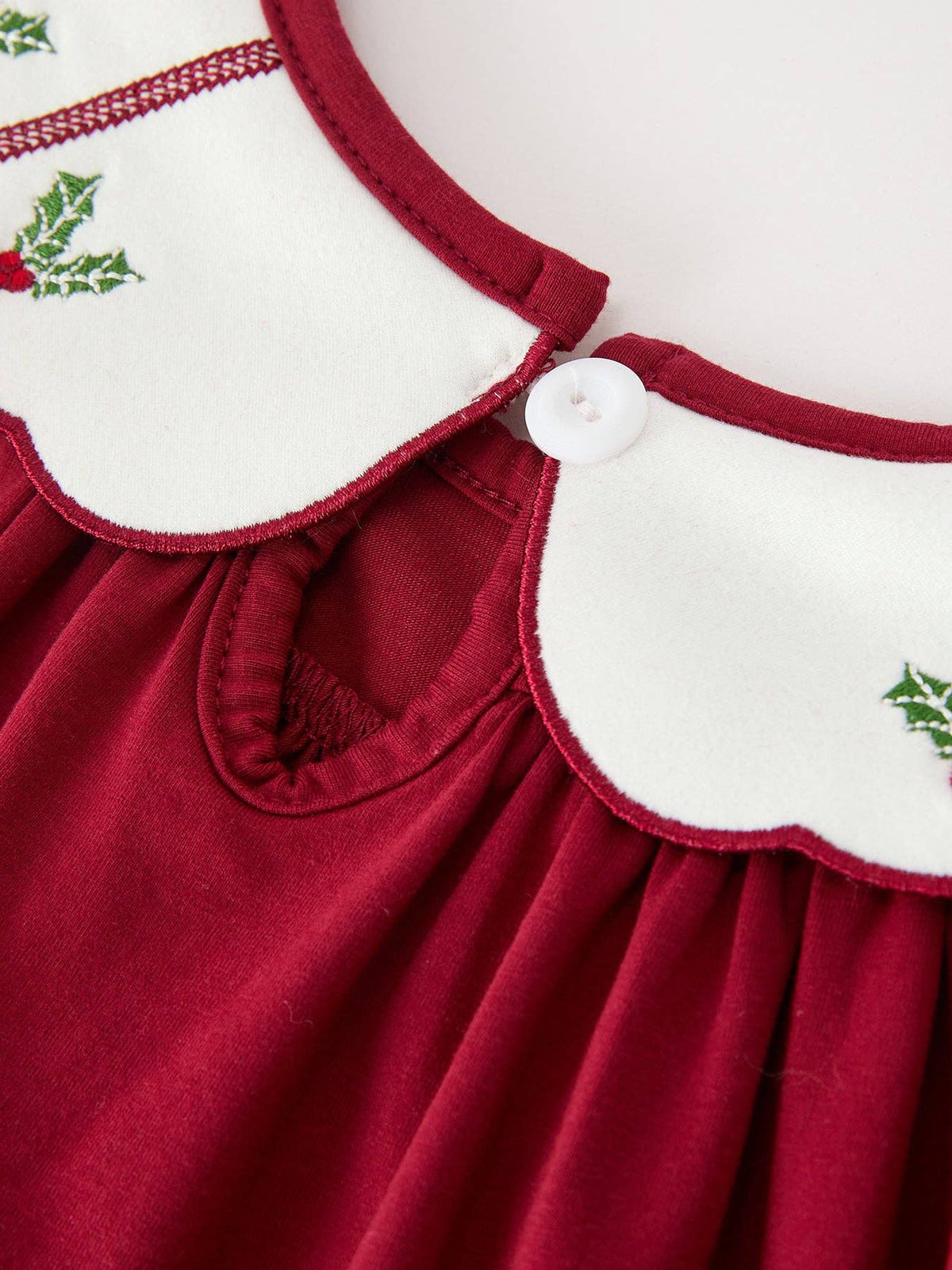 Christmas Holly Embroidered Girls Dress Petals Collar Puff Sleeve