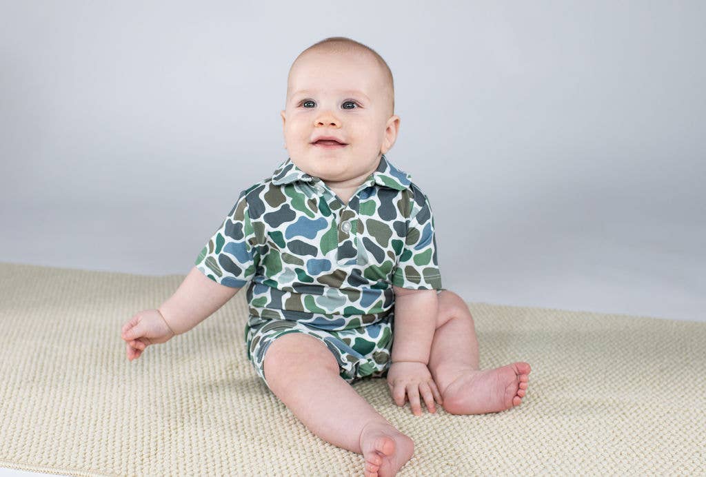 Pebble Camo - SS Polo Romper: 6-12 months - Persnickety Shop