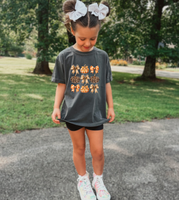 YOUTH Fall Plaid Coquette Pumpkins & Bows Tee Kids: YOUTH L - Persnickety Shop