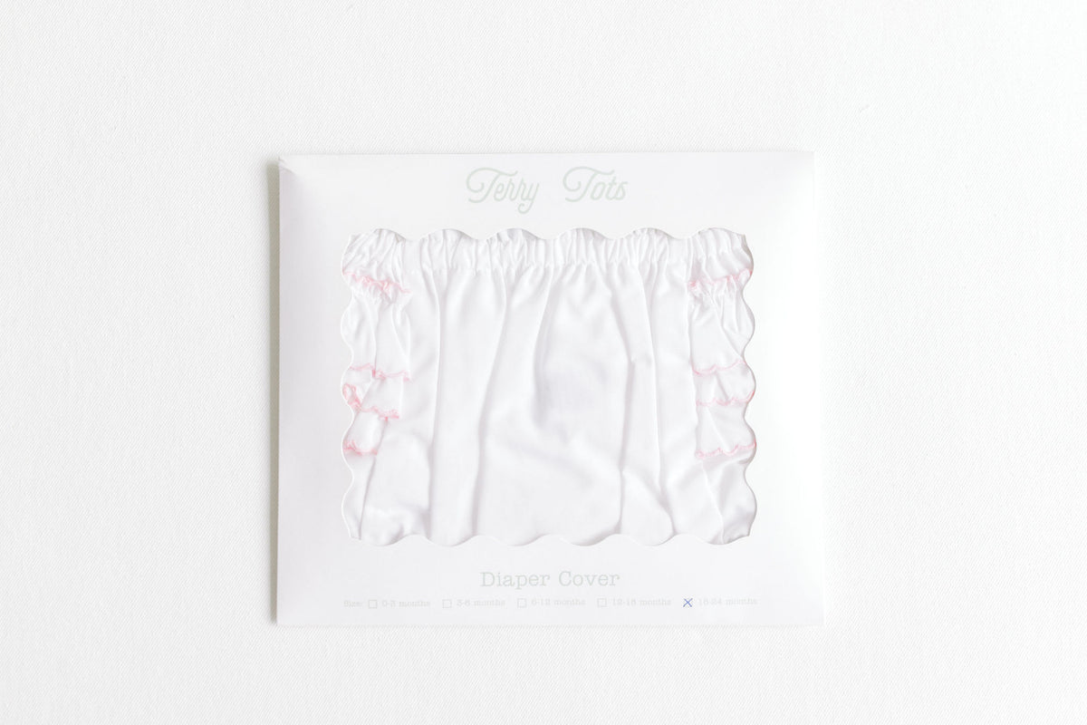 Terry Tots Diaper Cover – White with Pink Side Ruffles 3-6M