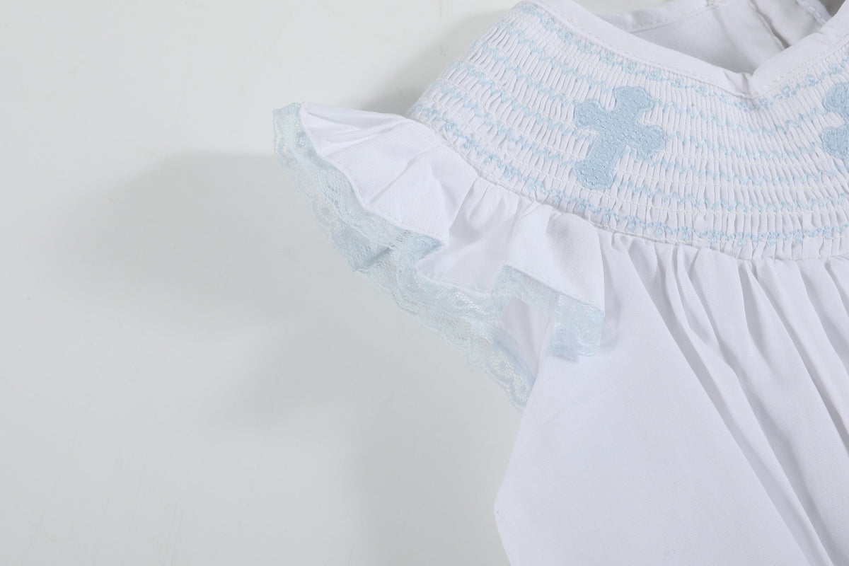 Lil Cactus White and Blue Holy Smocked Bishop Dress