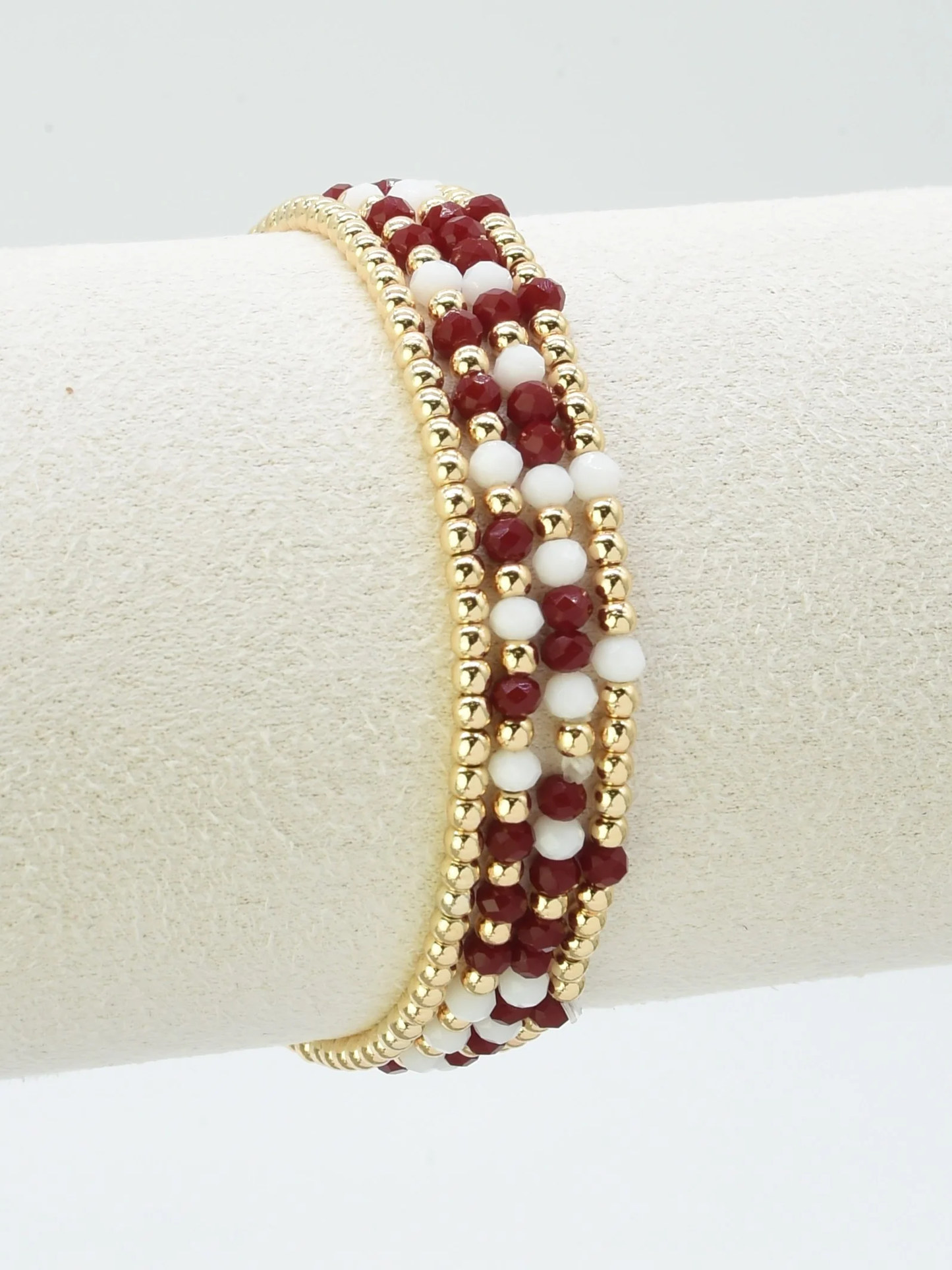 Set of 4 Maroon and White Glass Bead and Gold Stretch Bracelets, Great for Gameday! - Persnickety Shop