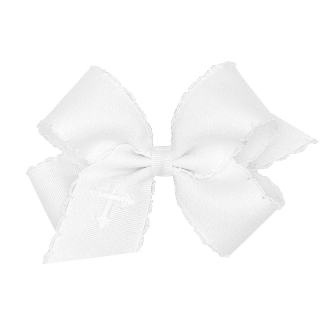 Wee Ones Medium White Grosgrain Hair Bow with Moonstitch Edge and Cross Embroidery on Tail - Persnickety Shop