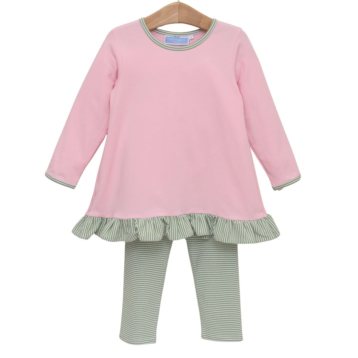 Trotter Street Kids Girl Mila Pant Set- Green Stripe/Light Pin