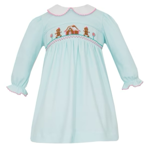Petit Bebe Smocked Bishop Dress GINGERBREAD HOUSE Aqua knit stripe - Persnickety Shop