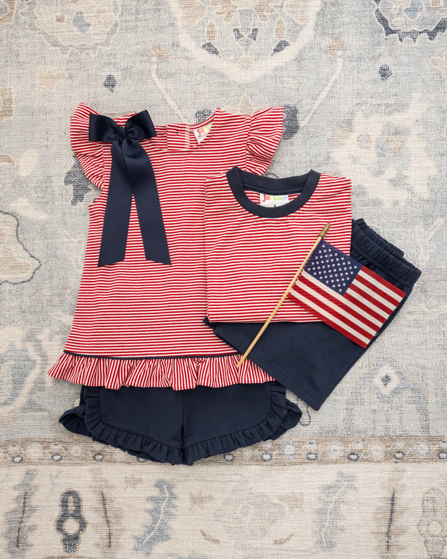 Jellybean Girl's Gracie Ruffle Short Set- Red Stripe and Navy