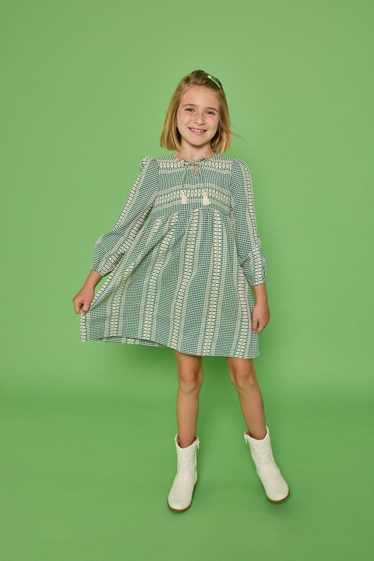 Bisby Long Sleeved Riviera Dress - Geneva Gingham Green