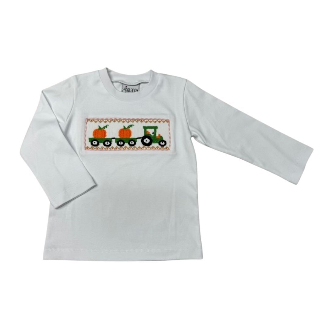 BOYS WHITE KNIT SMOCKED PUMPKIN TRACTOR LS SHIRT by Delaney - Persnickety Shop