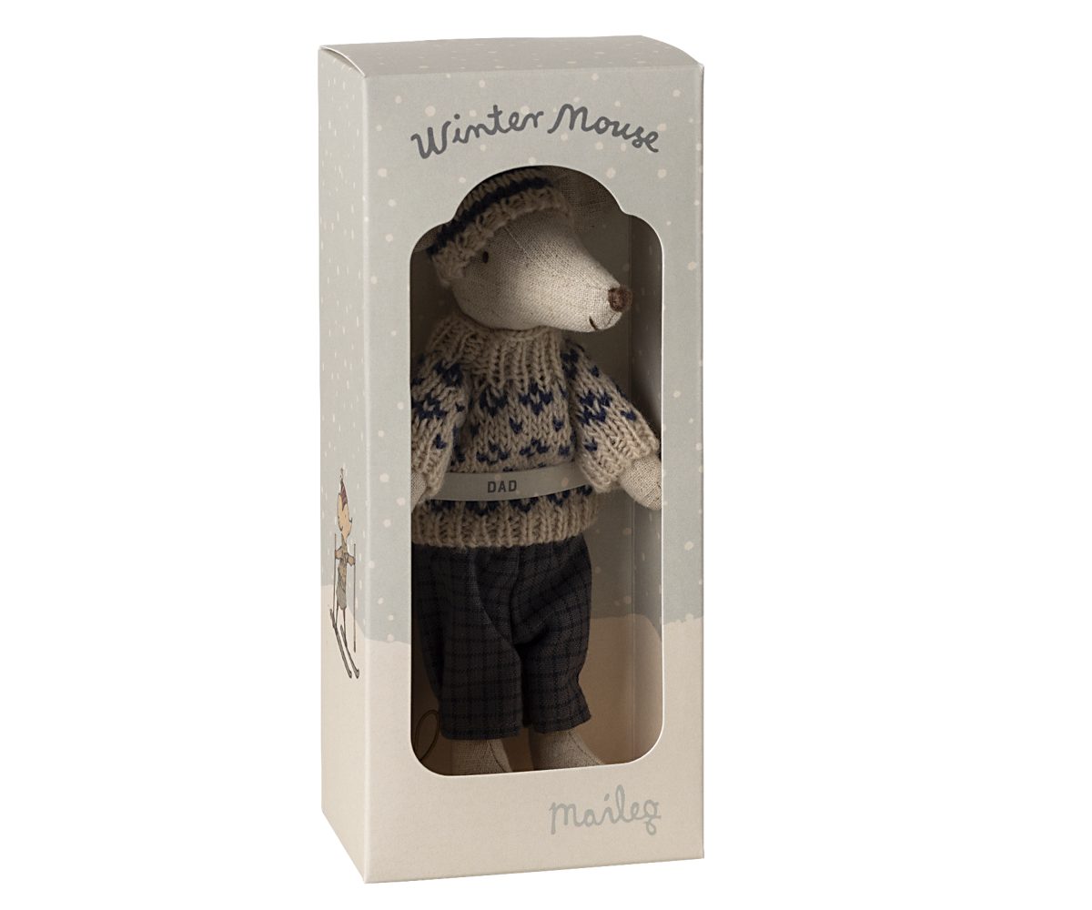 PREORDER Maileg NEW Winter mouse with ski set, Dad - Blue 17-4305