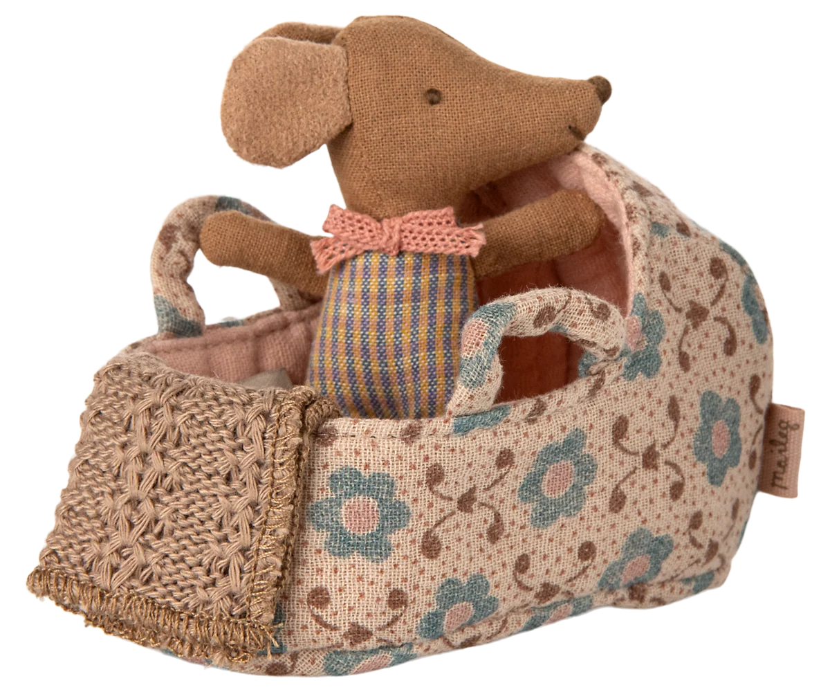 Maileg NEW Baby Mouse In Carry Cot - Rose
