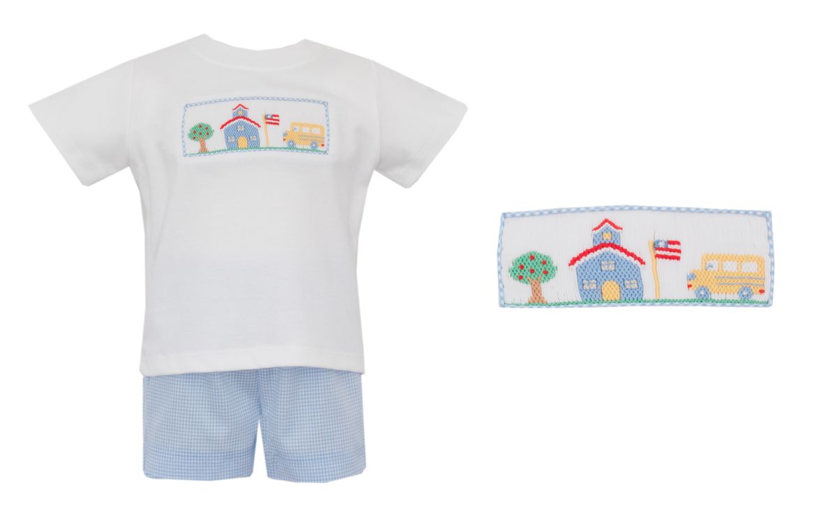 Petit Bebe Boy Short Set Smocked SCHOOL HOUSE