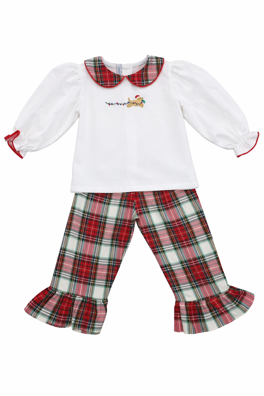 SWEET DREAMS DOG & CHRISTMAS LIGHTS EMB WHITE/ PLAID GIRL PANTS SET