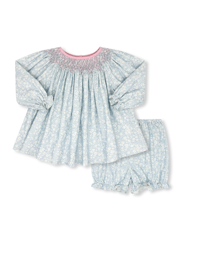 Lullaby Set Long Sleeve Betsy Bloomer Set Baker Blue Minigingham with Polite Pink Smocking - Persnickety Shop