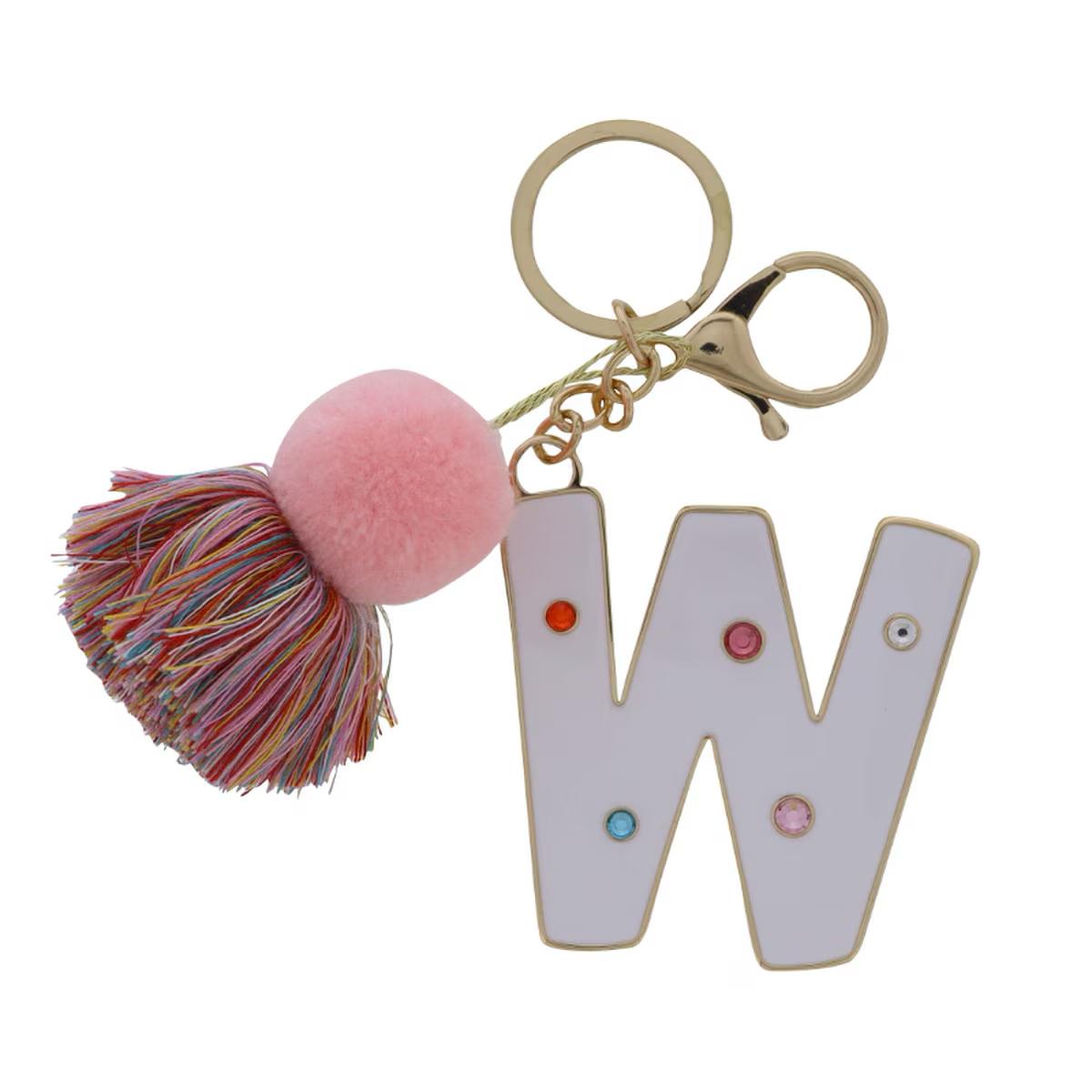 WHITE ENAMEL LETTER WITH MULTI CRYSTALS & POM TASSEL KEYCHAIN - Persnickety Shop