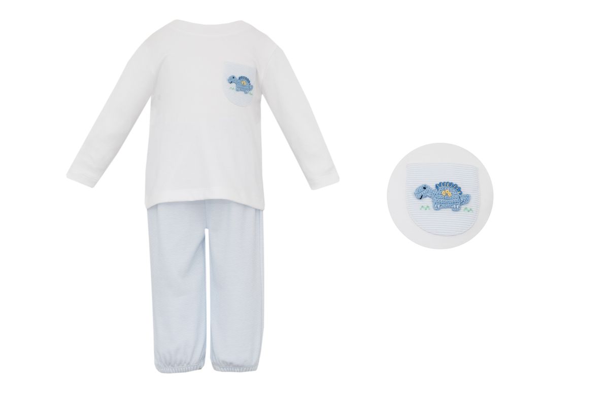 PRE-ORDER Boys DINOSAUR - Lt.blue stripe knit boy's pant set w/ white knit T-shirt L/S - Persnickety Shop