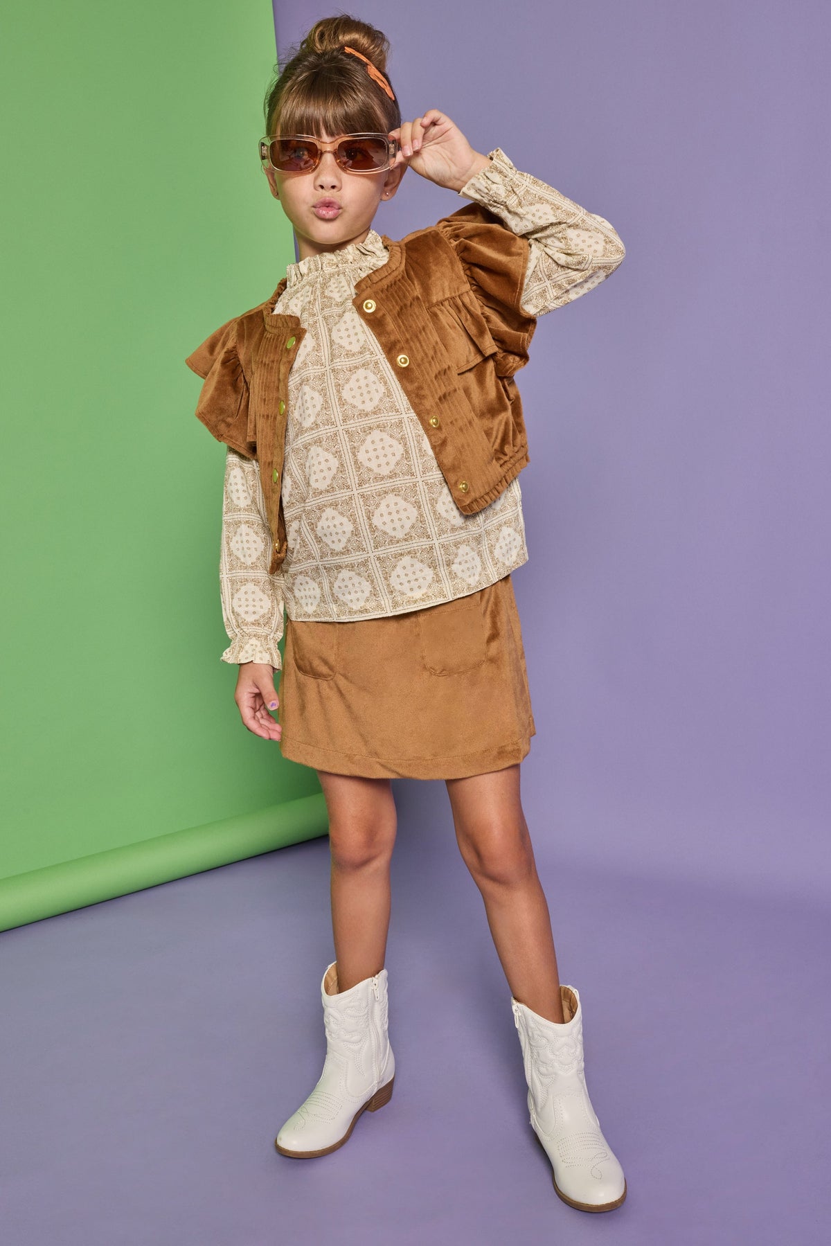 Bisby Mini Skort - Brown Faux Suede