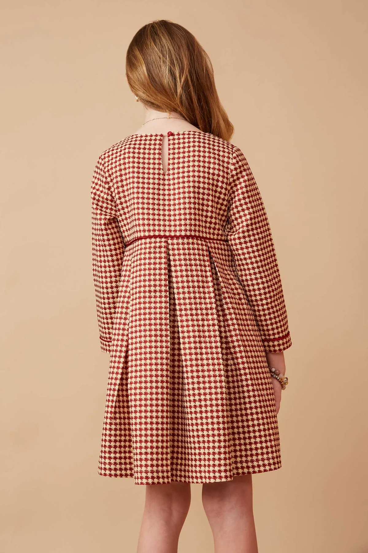 Hayden Piping Detailed Burgundy Houndstooth Box Pleat Dress – Tween Girls - Persnickety Shop