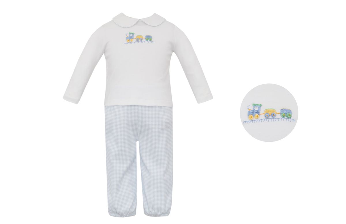 PRE-ORDER Boys TRAIN - Lt.blue gingham knit boy´s pant set w/ white knit shirt L/S - Persnickety Shop