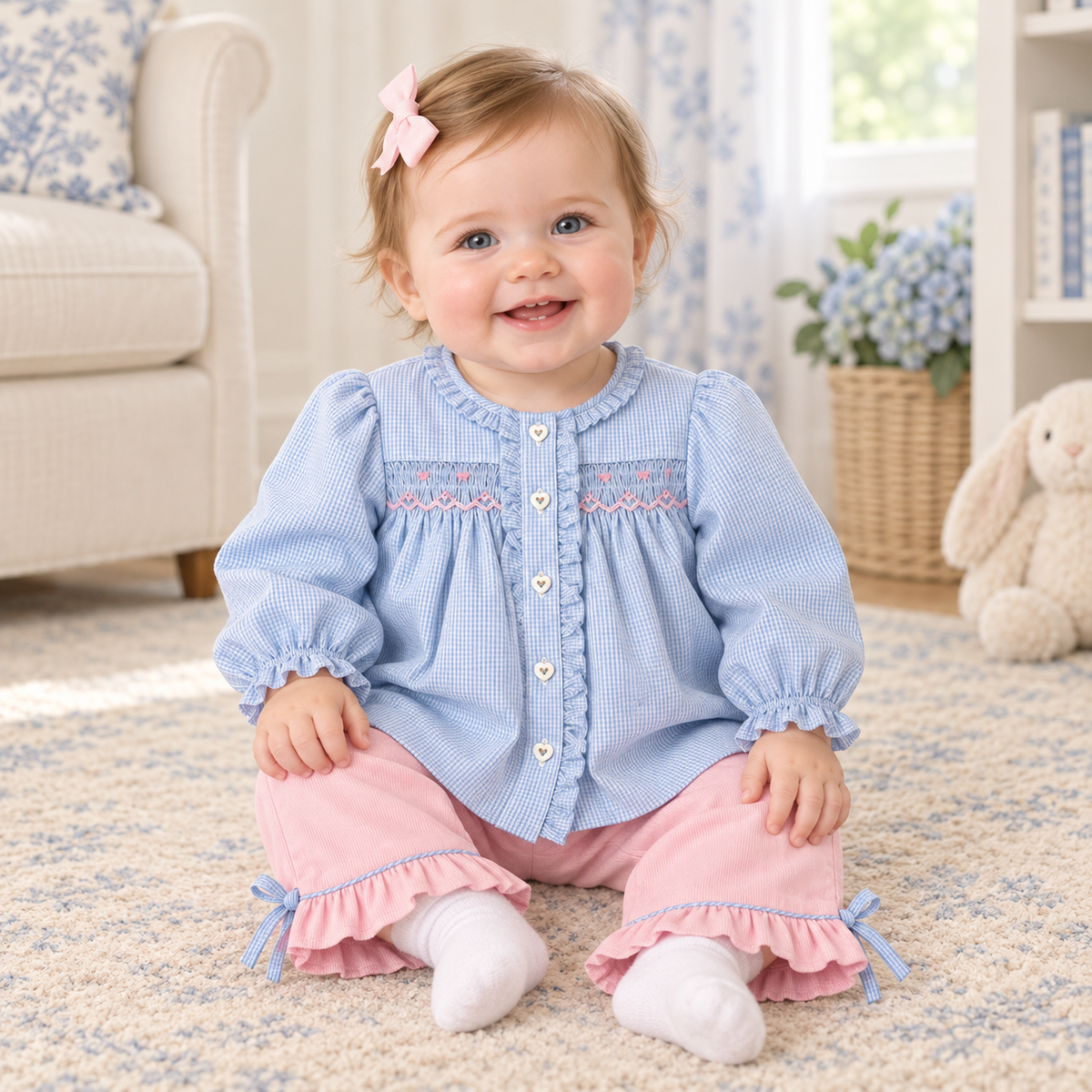 PETIT AMI TOP & PANT SET WITH FLORAL BISHOP SMOCKING