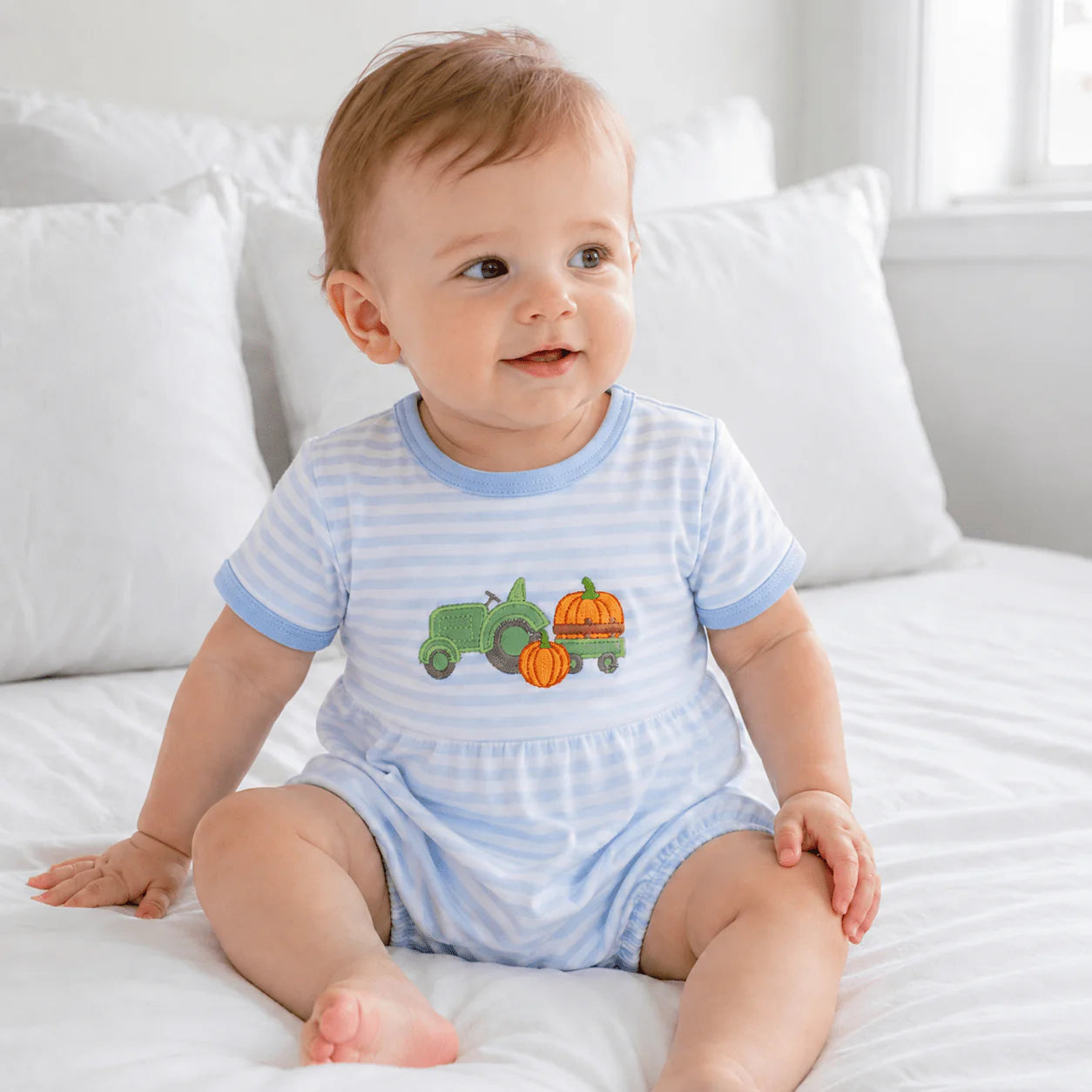 Magnolia Baby Pumpkin Tractor Applique Bubble - Light Blue