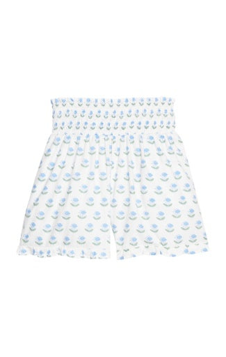 Shirred Ruffle Shorts - Blue Tulip Block Print - Persnickety Shop