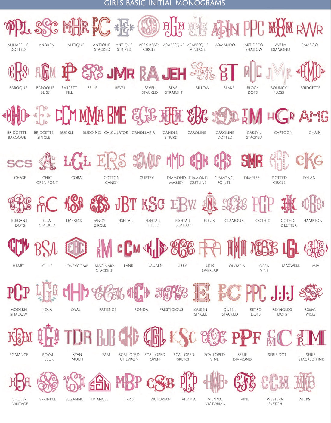 GIRLS BASIC INITIAL MONOGRAMS
