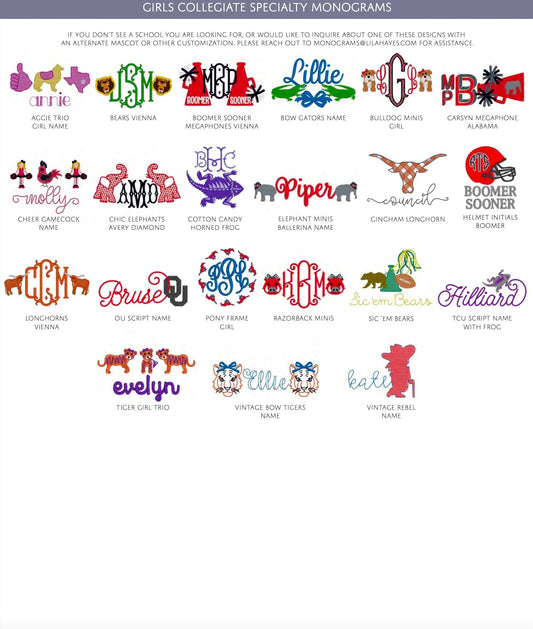 Girls Collegiate Specialty Monograms
