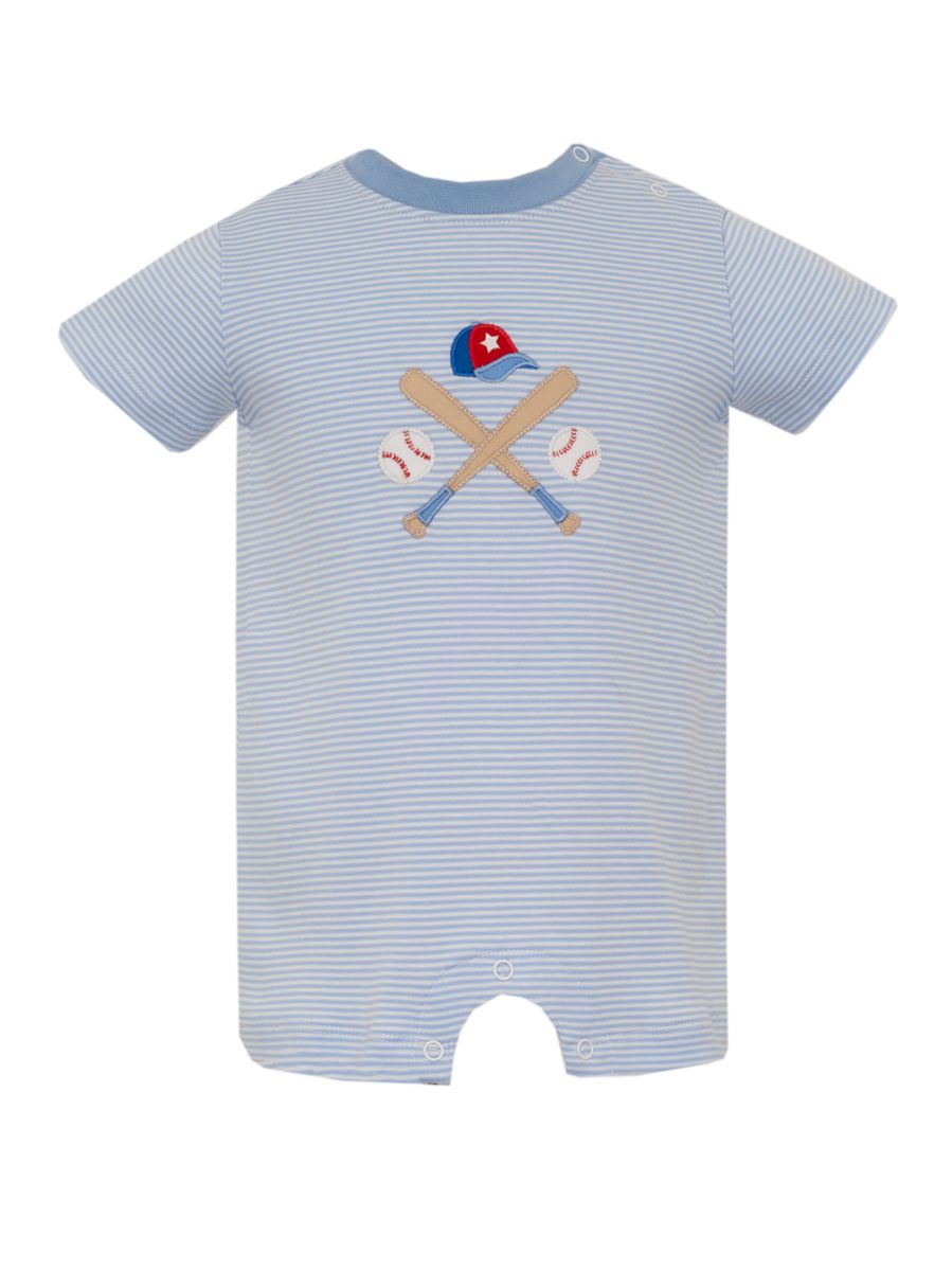 Claire & Charlie BASEBALL- Lt.blue knit stripe boy's short romper - Persnickety Shop