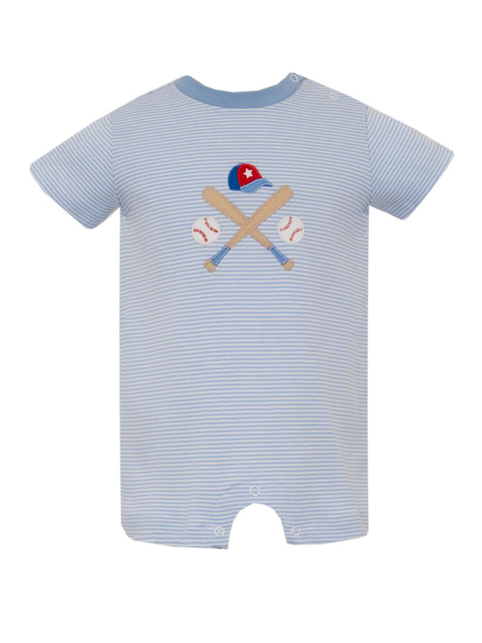 Claire & Charlie BASEBALL- Lt.blue knit stripe boy's short romper - Persnickety Shop