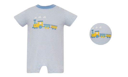 Claire & Charlie TRAIN- Small blue and white knit stripe boy's short romper - Persnickety Shop