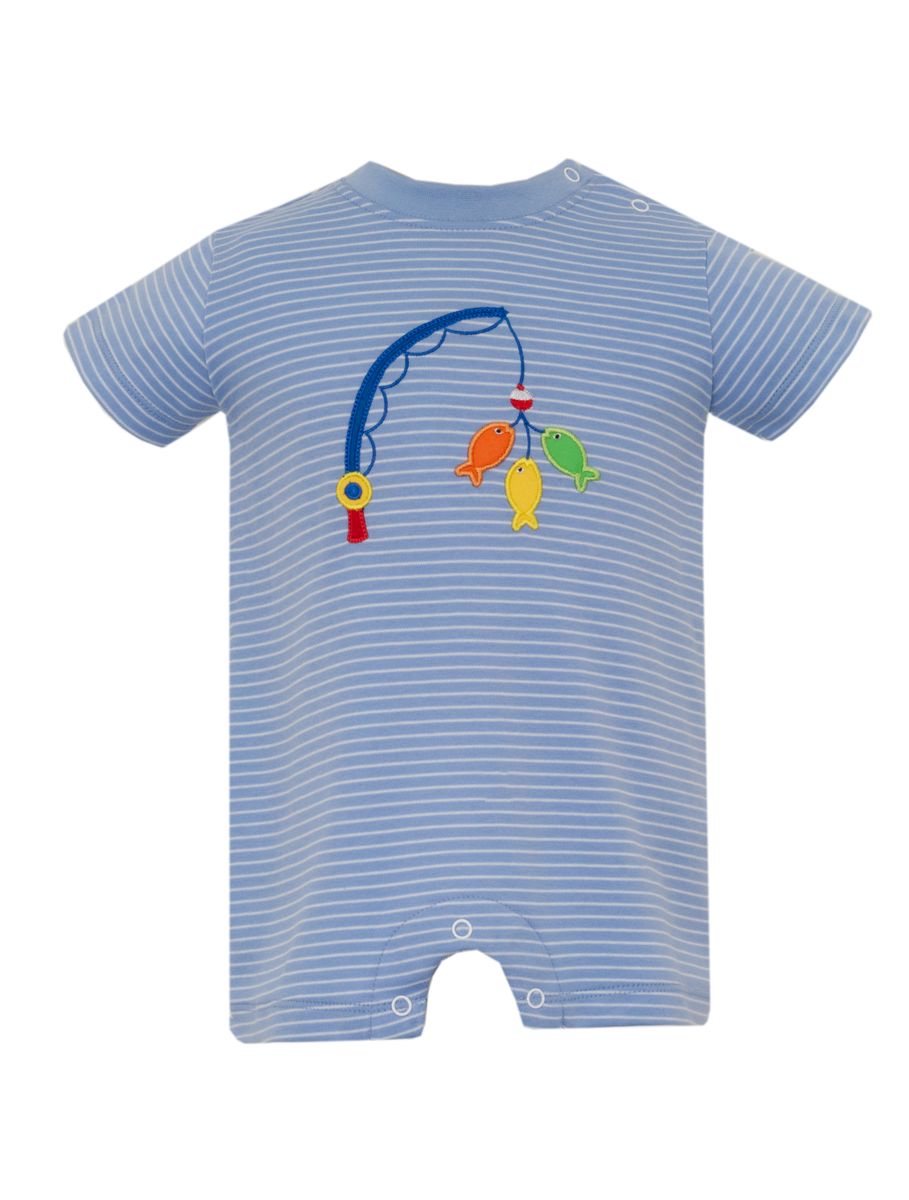 Claire & Charlie FISHING LURES - Periwinkle blue stripe boy's short romper - Persnickety Shop