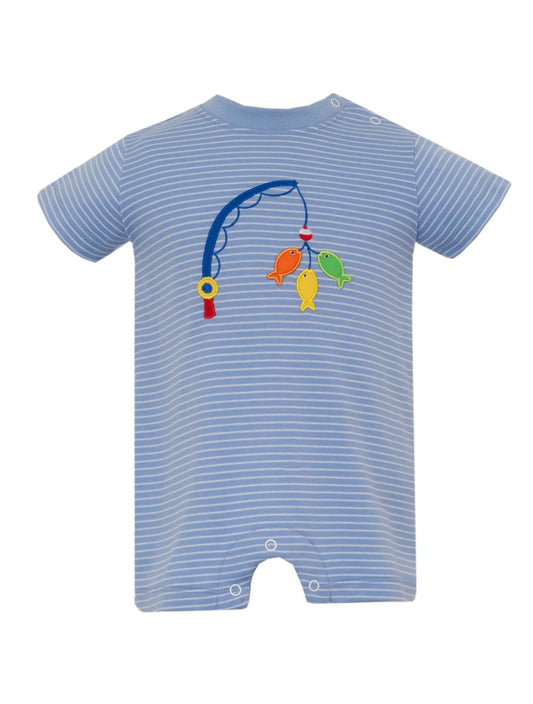Claire & Charlie FISHING LURES - Periwinkle blue stripe boy's short romper - Persnickety Shop