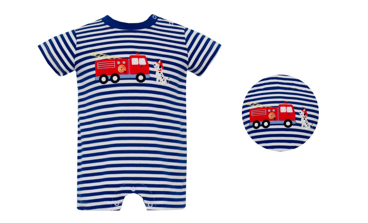 Claire & Charlie FIRETRUCK- Royal blue knit boy's short romper - Persnickety Shop