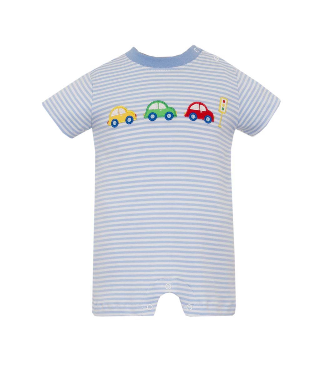 Claire & Charlie CARS - Blue knit stripe boy's short romper - Persnickety Shop